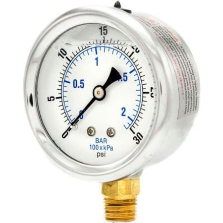 Engineered Specialty Products, Inc Pic Gauges 2-1/2" Vacuum Gauge, Liquid Filled, 30 PSI, Stainless Case, Lower Mount, PRO-201L-254C PRO-201L-254C